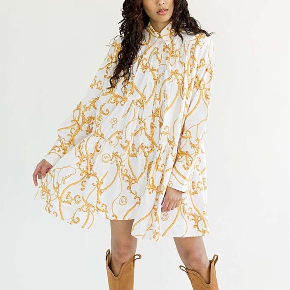 Ganni Baroque Printed Cotton Poplin Gathered Mini Dress Size FR 34